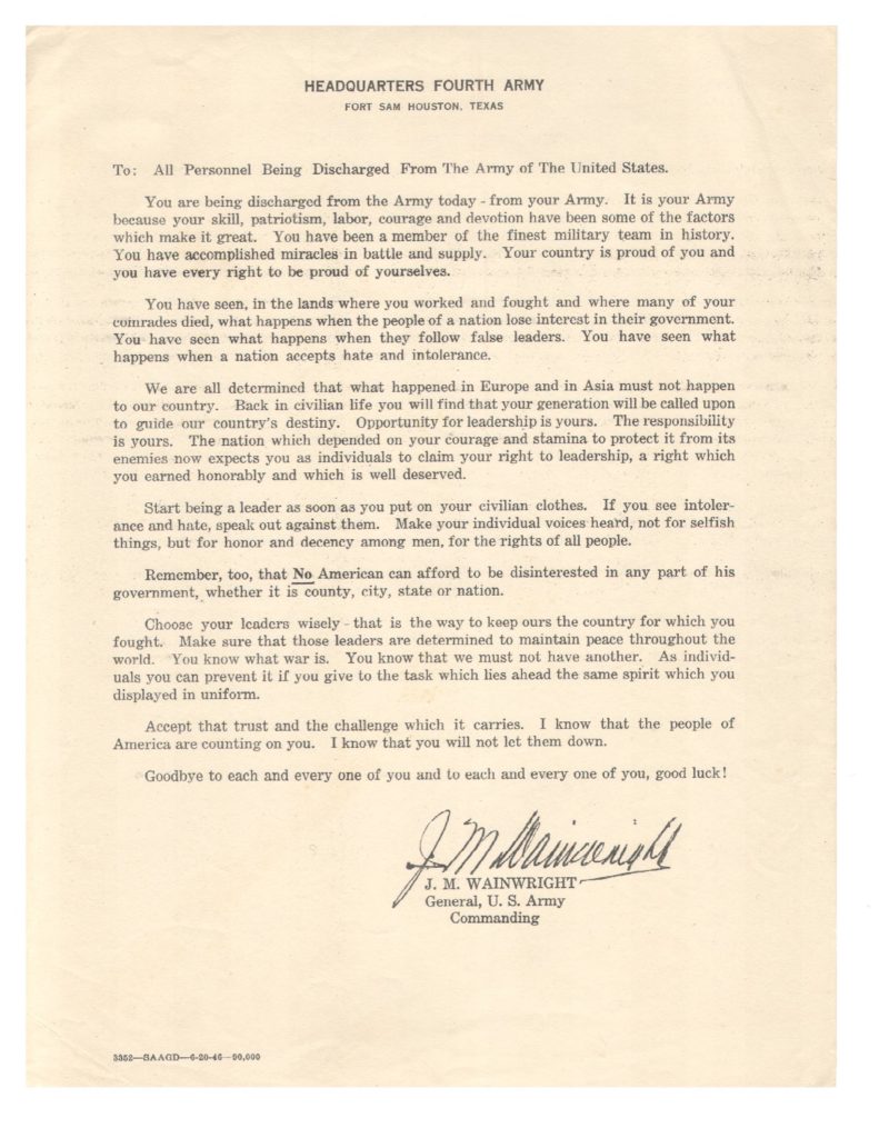 General J.M. Wainwright's 1946 message to discharged soldiers